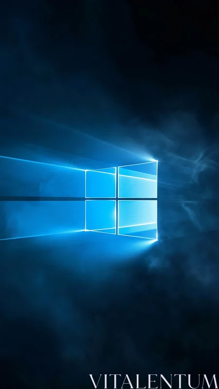 Glowing window icon projects neon beams through digital mist.