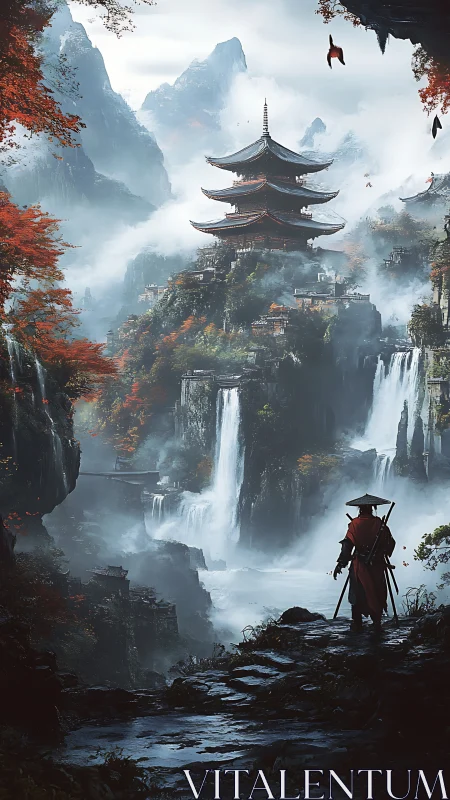 Digital painting of misty pagoda cliffs with lone wanderer.