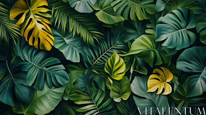 Lush jungle leaves layered in soothing tropical greens.