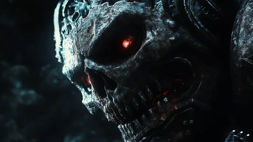 Cybernetic skull close-up with glowing red mechanical eye.