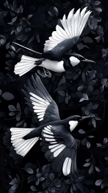 Monochrome songbirds in flight over dark leafy branches.