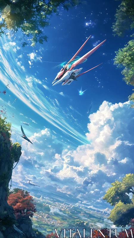 Starbound cruiser above lush valley and drifting clouds.