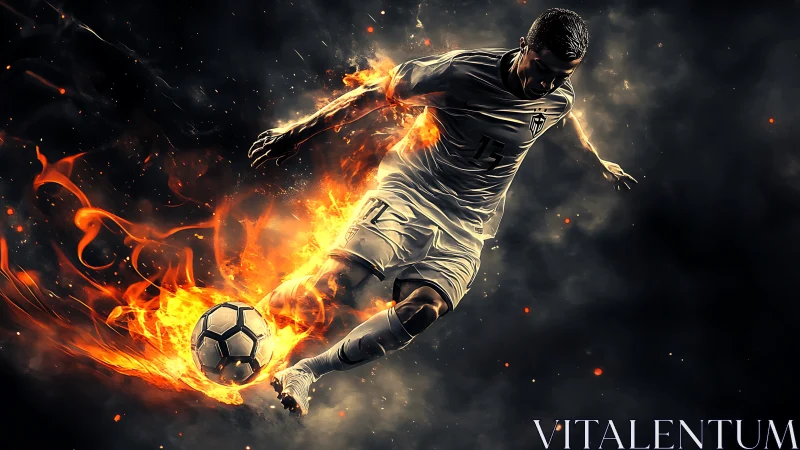 Dynamic football striker engulfed in stylized blazing flames.
