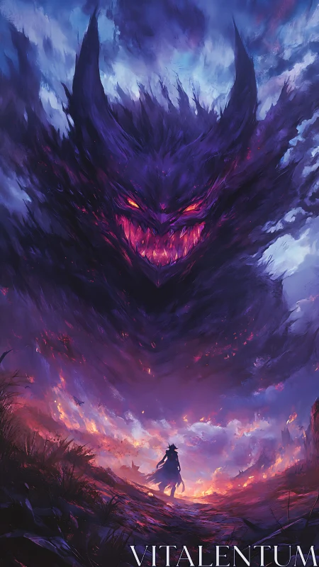 Lone warrior confronts colossal infernal wraith in blazing sky