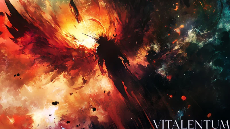 Silhouetted winged figure emerges from explosive light field