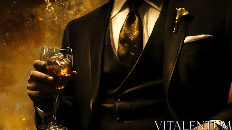 Cropped suited figure holds iced whiskey glass under warm chiaroscuro lighting