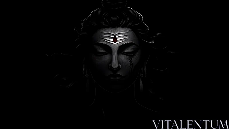 Dark goddess face with glowing third eye jewel in void.