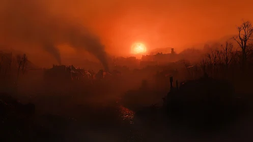 Sunset illuminates smoke-filled townscape with silhouetted trees