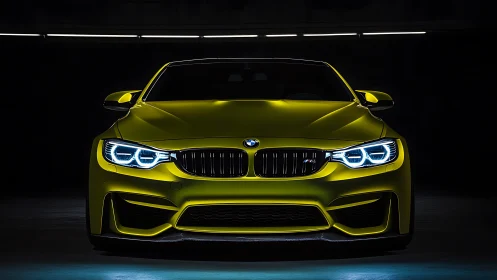 Neon-limned yellow sports coupe stares down the dark.