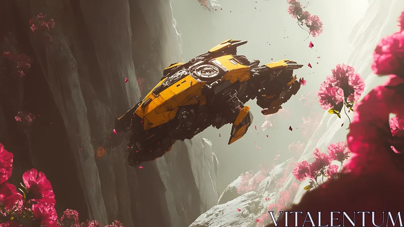 Yellow starship glides through alien canyon of vivid blooms