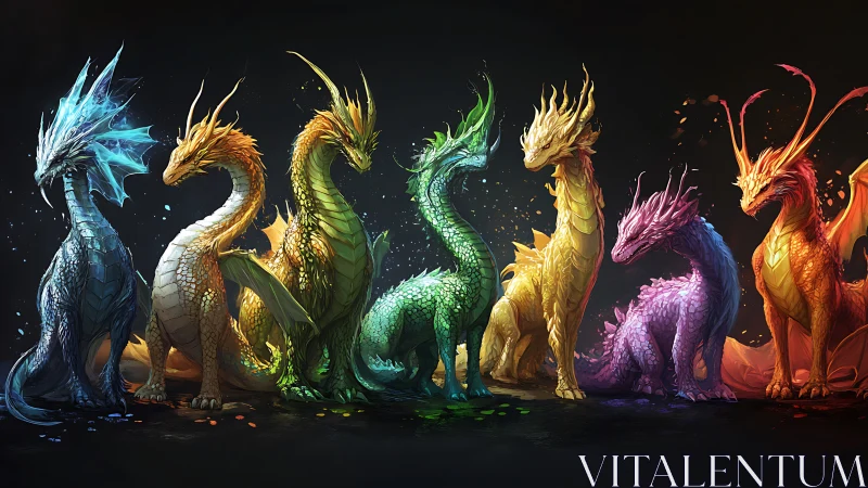 Seven elemental dragons aligned in a vivid color spectrum.