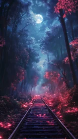 Moonlit railway cuts through glowing bioluminescent forest