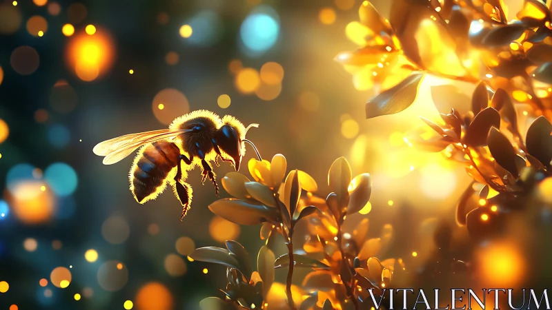 Macro honeybee in luminous bokeh field with golden foliage