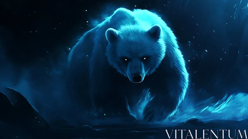 Luminous spirit bear strides through an icy midnight storm