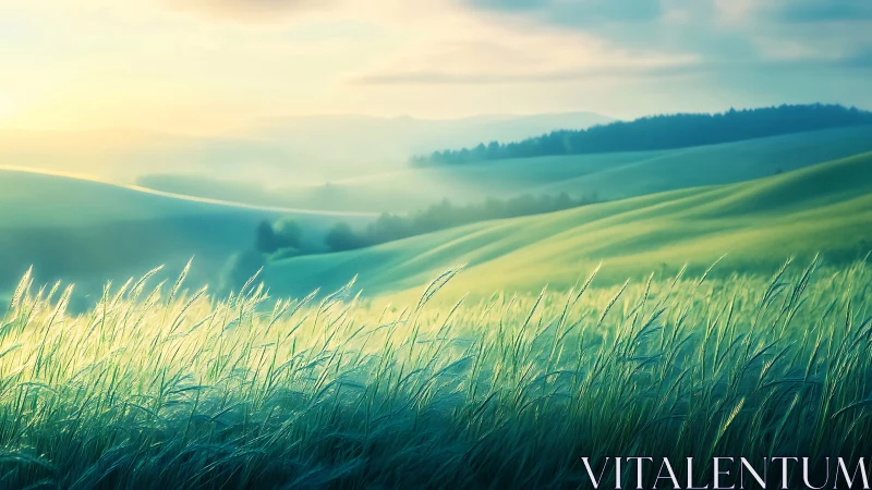 Sunlit grassland slopes under atmospheric dawn haze