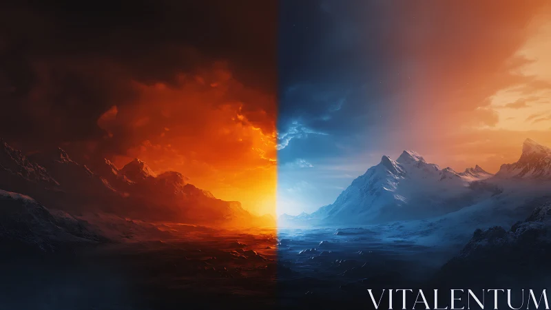 Midnight horizon where firelit peaks meet frozen dawn.