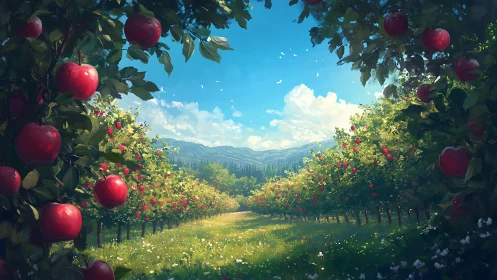 Digital landscape shows symmetric apple orchard under sky