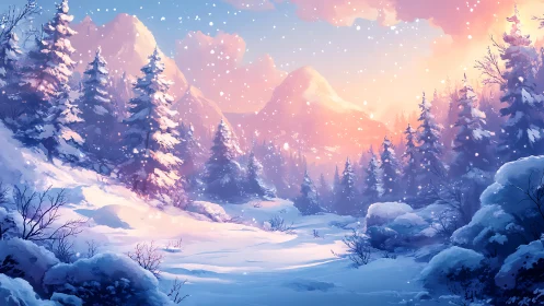 Snowy conifer forest frames sunlit pink winter mountainscape