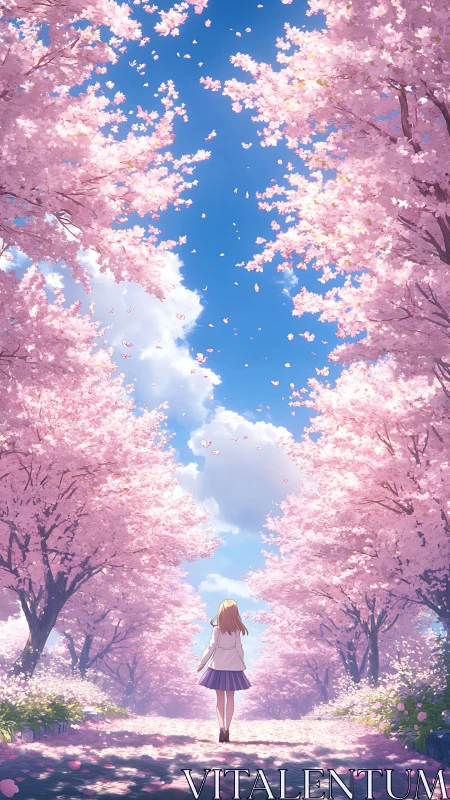 Girl walking under pink cherry blossoms in calm spring scene.