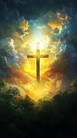 Radiant crucifix ascends through storm-lit celestial clouds