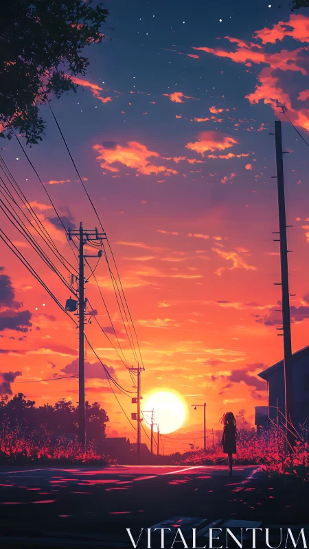 Backlit sunset street scene with silhouetted figure and power lines