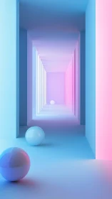 Pastel gradient corridor with reflective spheres in linear perspective