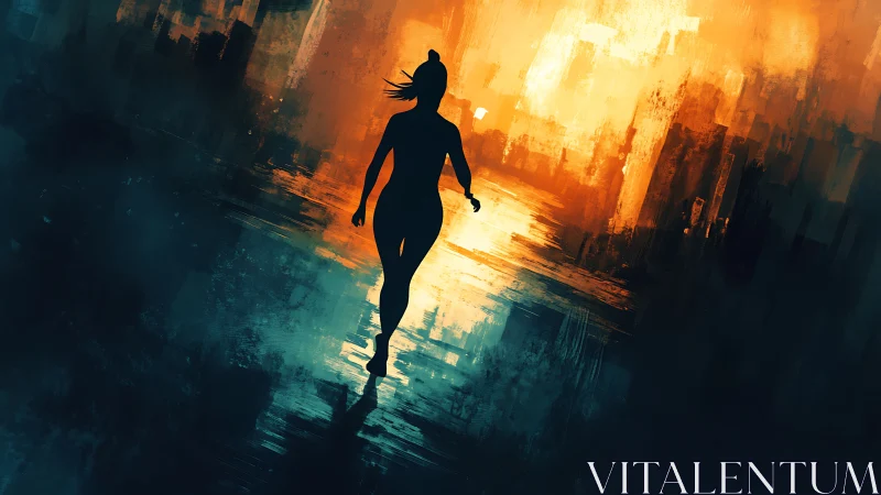 Digital painting silhouette in luminous urban abstraction.