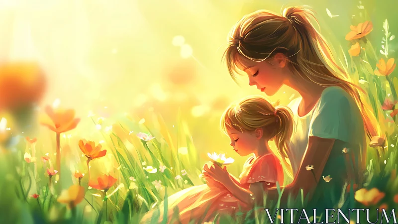 Mother and daughter share quiet moment in sunny flower field.