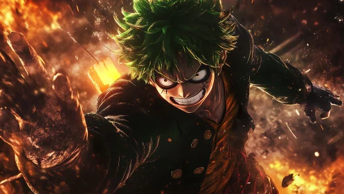 Green haired anime fighter lunges forward amid fiery blast