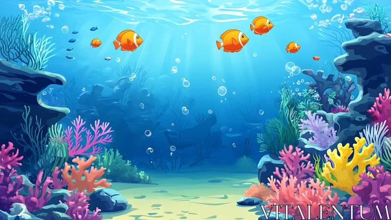 Colorful coral reef scene with playful tropical fish undersea.