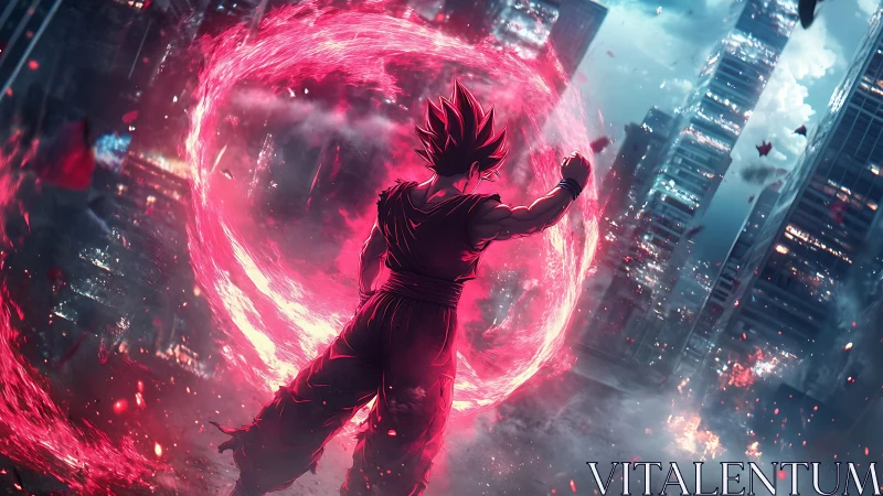 Silhouetted fighter generates red energy ring in city ruins