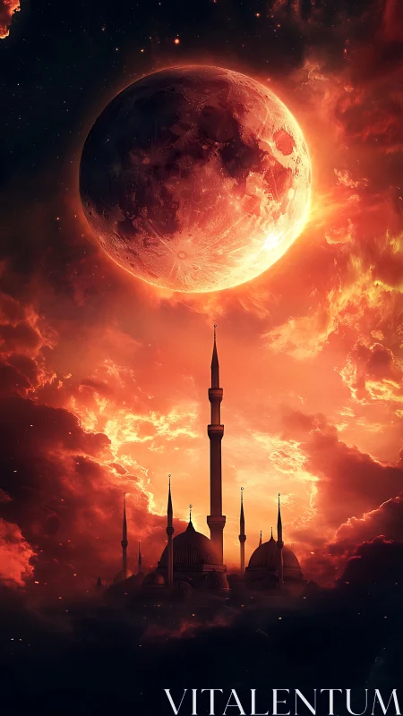 Blood moon crowns a dreaming sky palace of minarets.