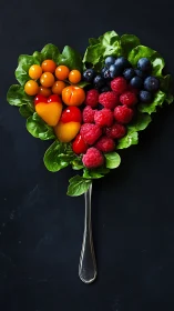 Heart-shaped salad composition on spoon with berries.