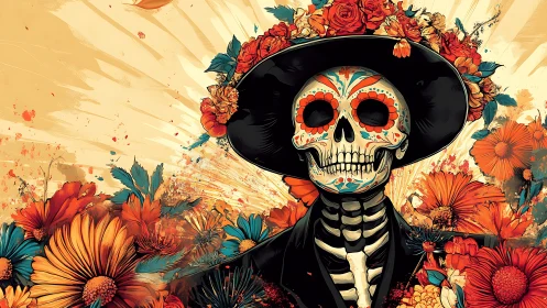 Calavera portrait with floral crown in vivid marigold field