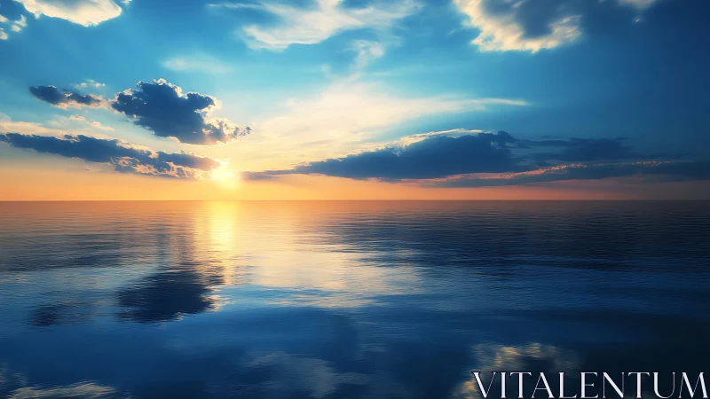 Sunset light stretches across calm reflective ocean horizon