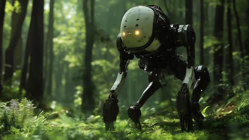 Quadrupedal reconnaissance robot surveying dense forest biome.