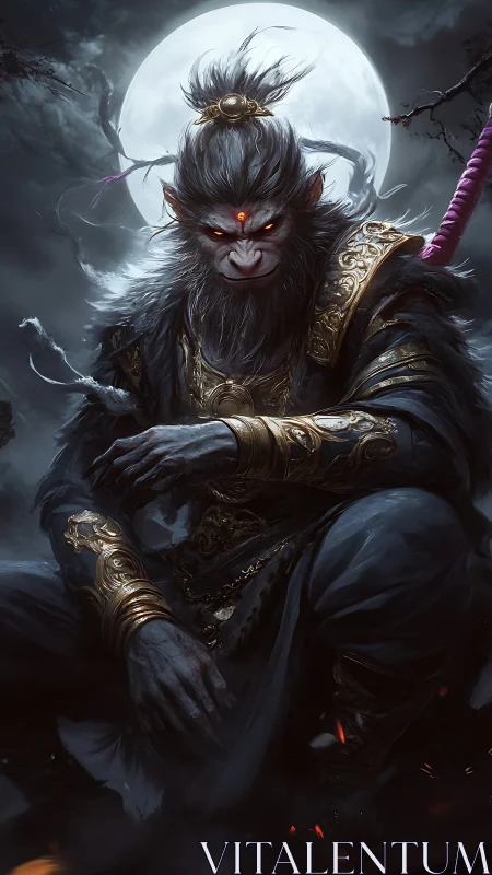 Armored monkey warlord sits under moon in high-drama chiaroscuro