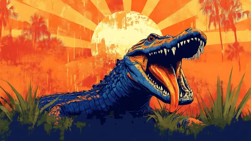 Roaring alligator artwork under blazing sunburst sky.
