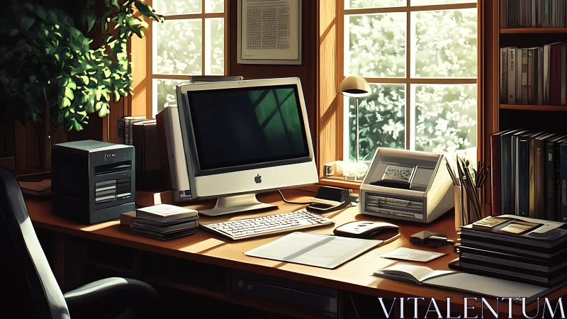 Sunlit vintage desktop workstation in warm wood studio.
