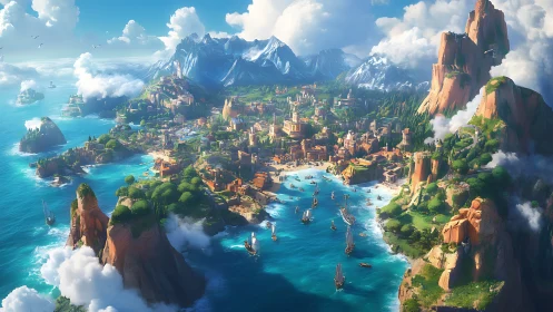 A Fantastical Harbor Nestled Among Towering Cliffs and Islands