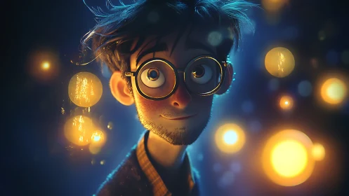 Soft-lit stylized portrait of bespectacled young man at night