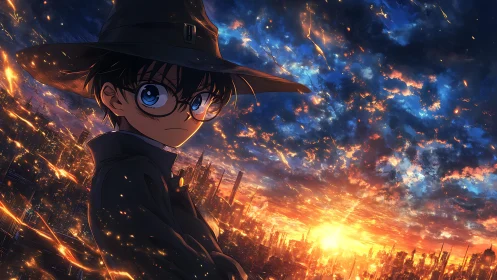 Skyline witchling surveys a neon emberstorm horizon.