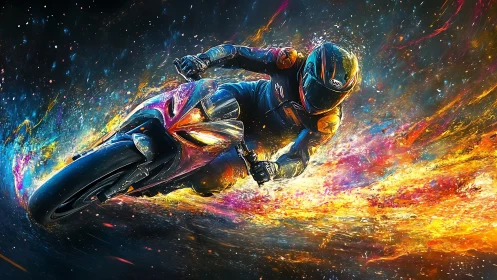 Motorcyclist leaning into turn amid vivid light trails.