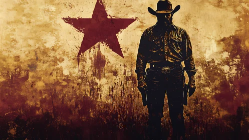 Lone cowboy stands tall beneath a bold western star.