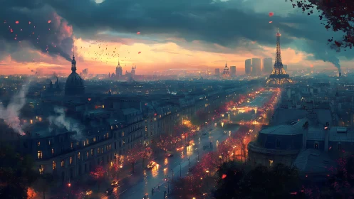 Romantic digital skyline of Paris at dramatic sunset.