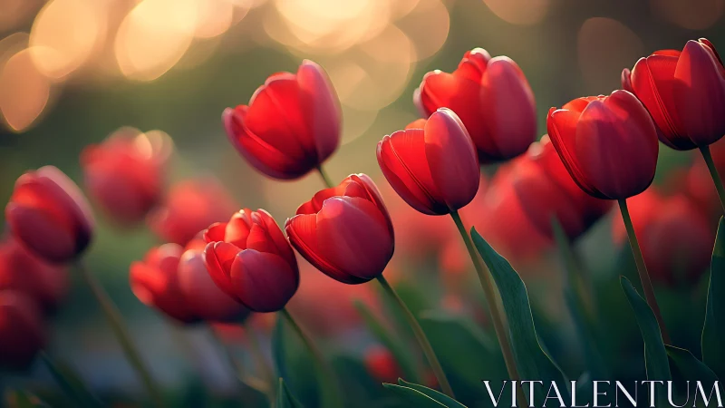 Red Tulips in Golden Light: Soft Focus Garden Study.