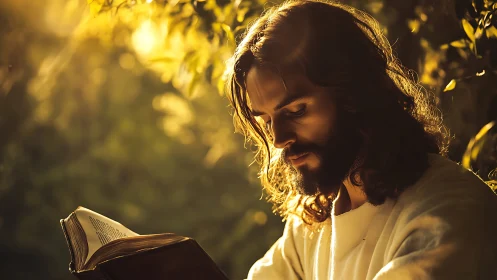 Devotional figure reading in golden backlit garden glow.