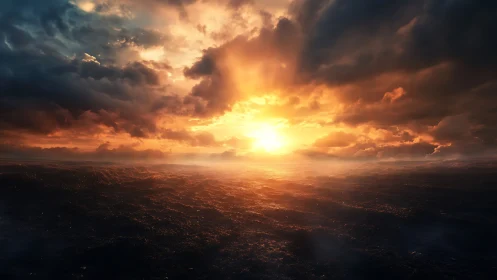 Storm-lit ocean horizon under cinematic blazing sunset sky.