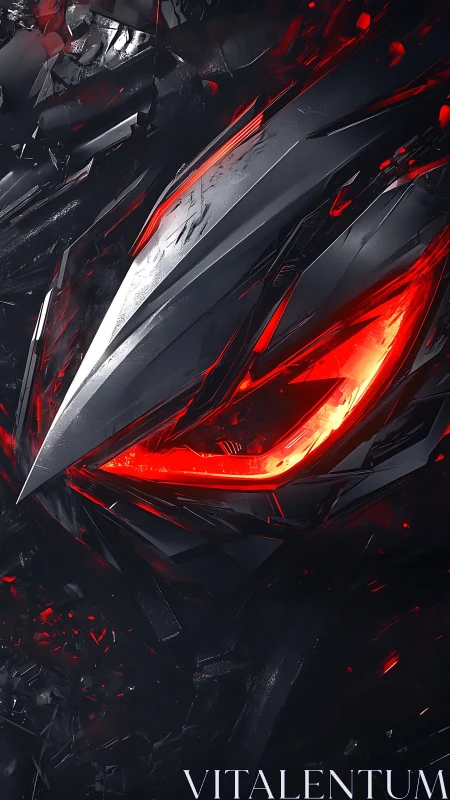 Cybernetic visor glows with molten red energy shards