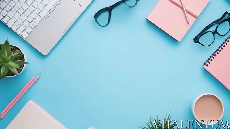 Minimal flat lay workspace in pastel blue and blush pink tones.